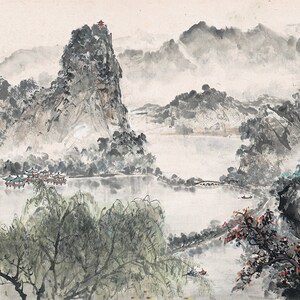 Extra large horizontal narrow Shan shui painting, West lake landscape, Chinese brush painting , long scroll landscape art above sofa 借問西湖 image 5