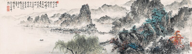 Extra large horizontal narrow Shan shui painting, West lake landscape, Chinese brush painting , long scroll landscape art above sofa 借問西湖 image 5