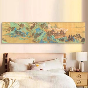 Chinese Pavilions and mountains silk print, Horizontal narrow Chinese antique landscape painting HD replica, 13th century, 南宋 赵伯骕 湖山春晓