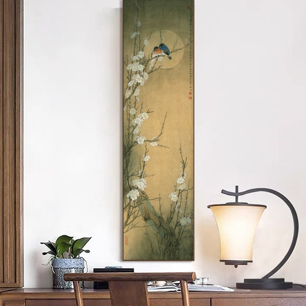 White plum blossoms and birds, Vertical slender East Asian refined art print, Chinese meticulous painting, retro style silk hanging scroll