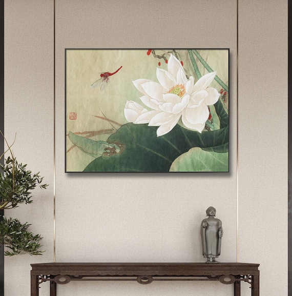 白い蓮の花と赤いトンボの細心の絵画、HDプリント、中国の水彩画の蓮の
