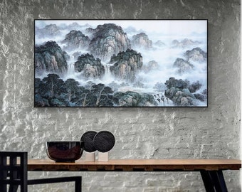 Dreamlike calm misty mountains and streams, Chinese mountain landscape painting, ink brush painting, Shan shui art, limited edition print