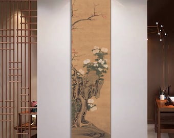 Chrysanthemum Flowers, East Asian Antique meticulous botanic painting replica, vertical narrow Chinese art print hanging scroll 明 陆逵 设色菊花图轴