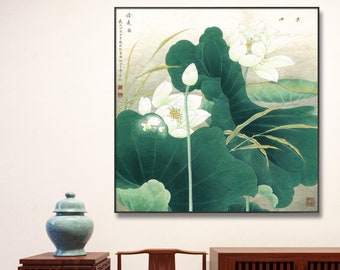 White lotus ink and color brush painting, large Square meticulous lotus HD Print, elegant Chinese watercolor floral painting, large square