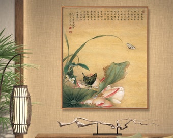 Lotus and Butterflies, Castiglione's composition, HD Print, elegant vintage watercolor meticulous lotus art, Chinese bedroom wall art decor