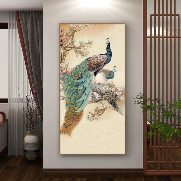 Proud Peafowl, graceful peacock painting, Chinese traditional meticulous paintings, Gongbi Pavo art, large vertical giclee art print