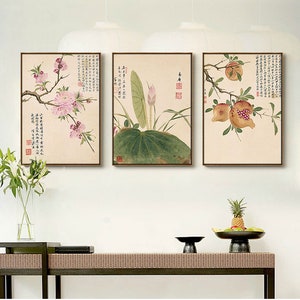 Chinese antique boneless botanical painting, multi flower blossoms brush painting fine art print, Ming dynasty, 1368-1644 set of 3, set of 2