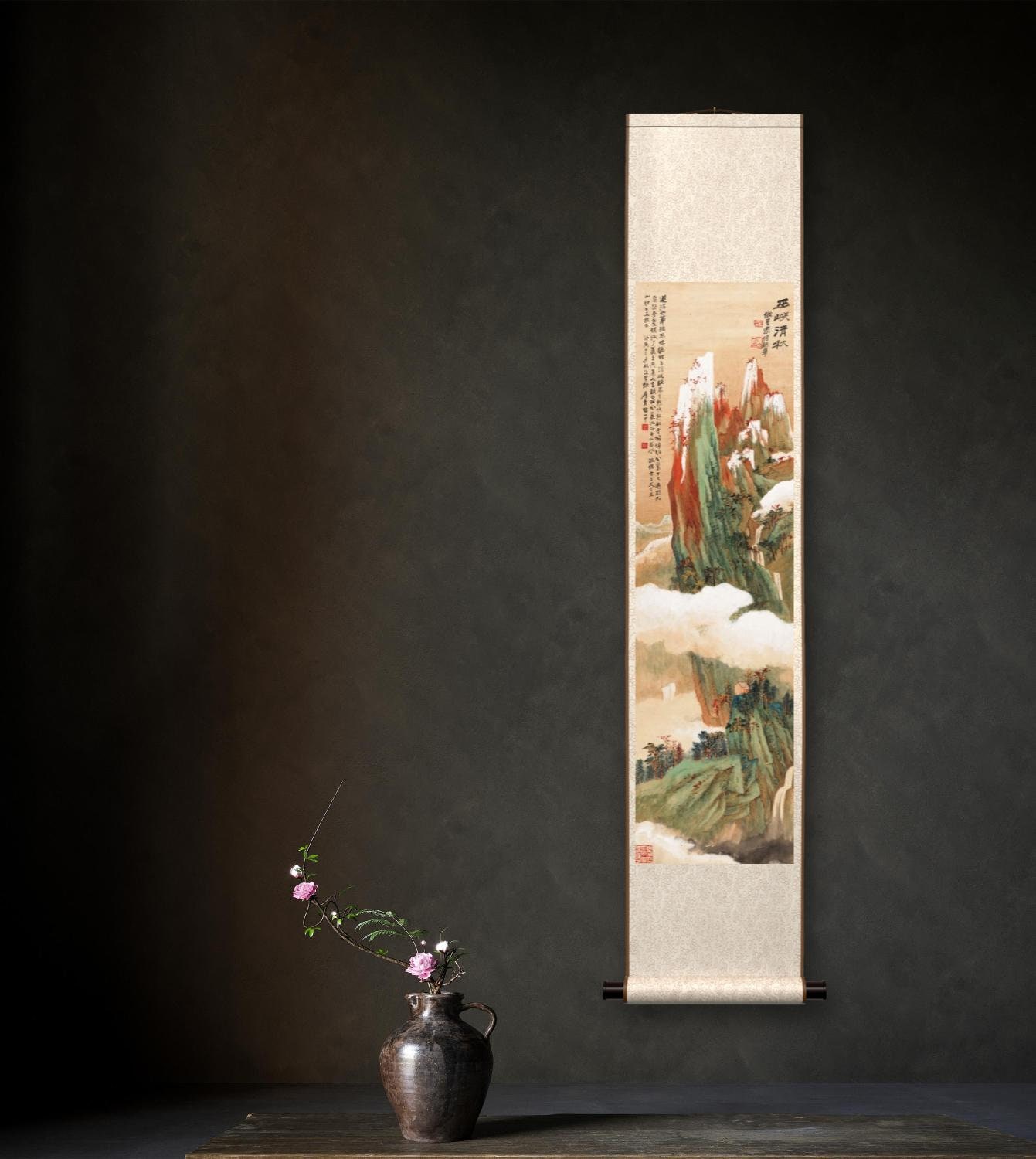 Handcrafted Chinese Landscape Silk Hanging Scroll, Vertical Narrow