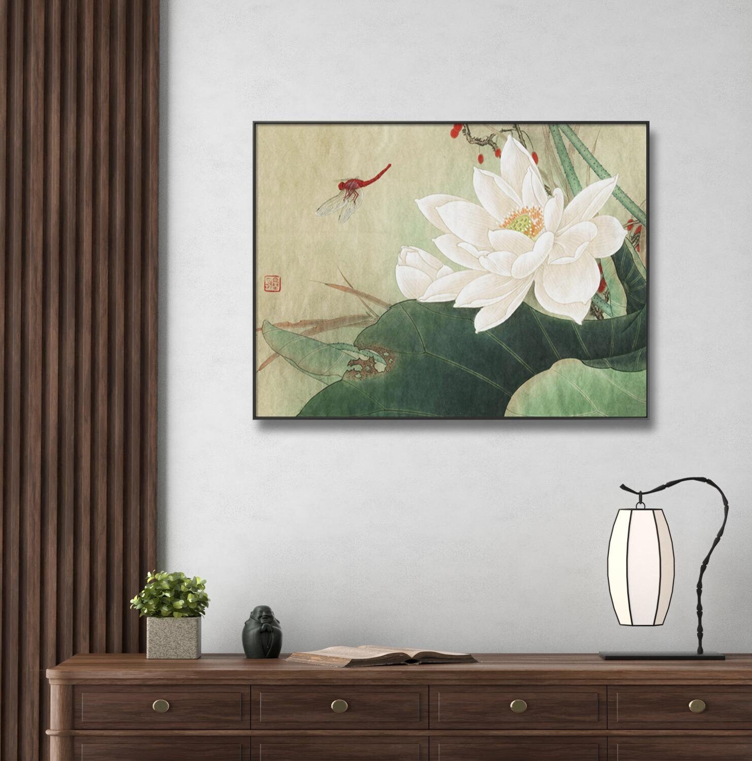 白い蓮の花と赤いトンボの細心の絵画、HDプリント、中国の水彩画の蓮の