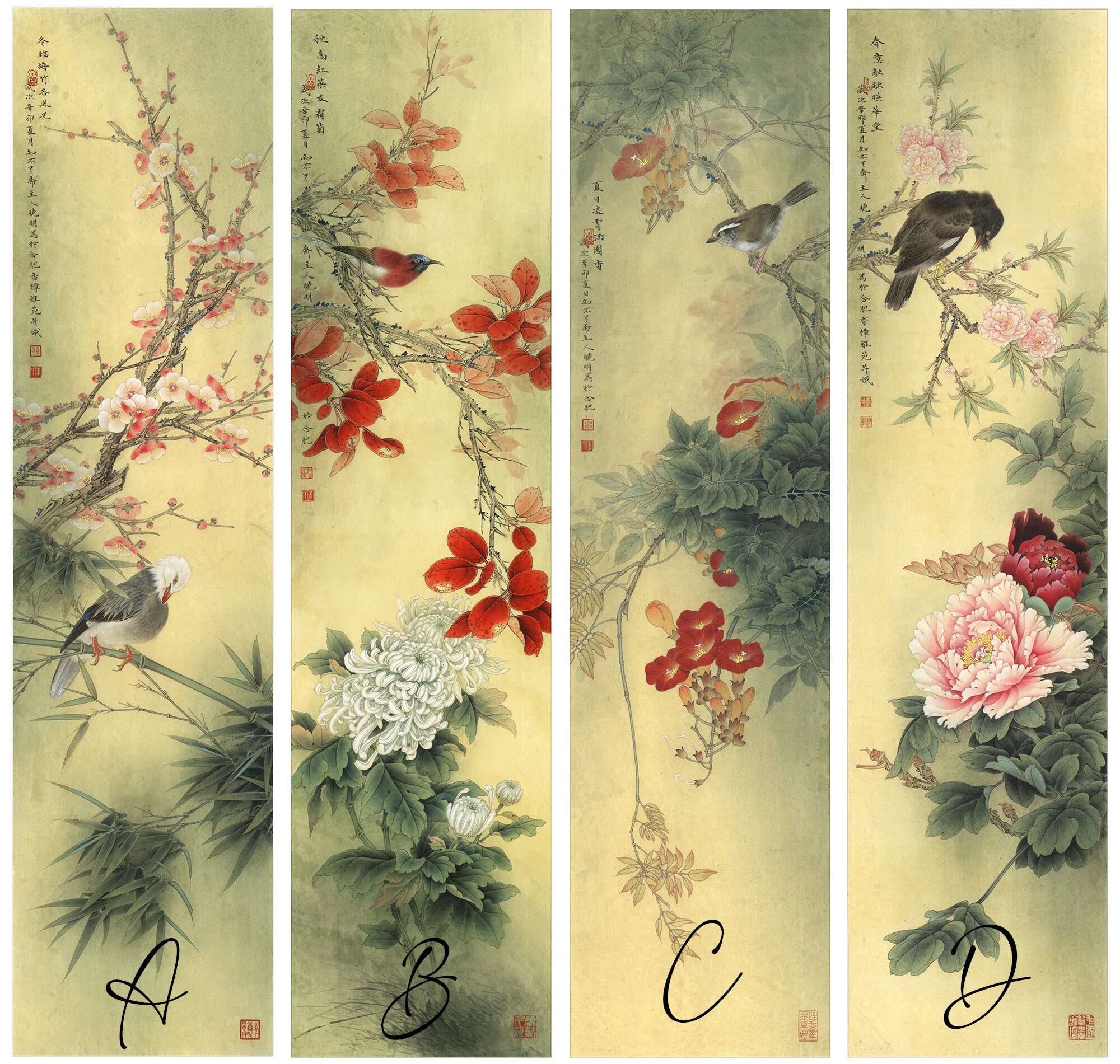 Set of 2, Chinese Refined Botanical Art Prints, Unframed