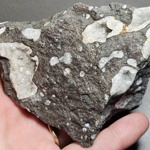 Peut inclure: Une roche gris foncé avec des cristaux blancs incrustés. Les cristaux sont regroupés en différentes formes et tailles.