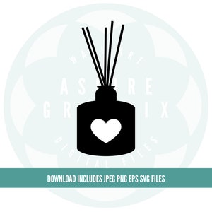 May include: A black silhouette of an essential oil diffuser with reeds, featuring a white heart design on the front. The text "DOWNLOAD INCLUDES JPEG PNG EPS SVG FILES" is at the bottom. The image is a digital file.