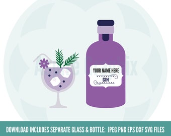 Gin svg, Gin Bottle svg, Gin Glass svg, Gin Monogram, Gin files for Cricut, Gin Silhouette file, Gin Cocktail svg, Clip Art, Vector File