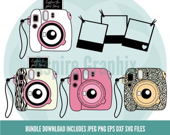 May include: A digital download bundle of four instant camera designs. The designs include a pink camera with the text "Capture the good times", a zebra patterned camera with the text "Capture the good times", a pink camera with the text "Capture moments not things", and a leopard patterned camera with the text "Capture moments not things".