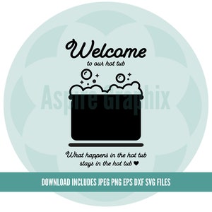 Puede incluir: Diseño gráfico en blanco y negro con una ilustración de jacuzzi con burbujas y el texto "Welcome to our hot tub". Debajo, se lee "What happens in the hot tub stays in the hot tub". El diseño está sobre un fondo azul claro.