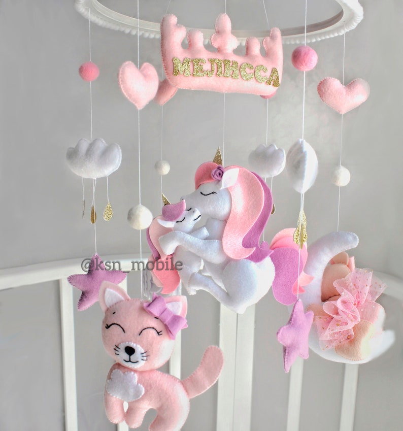 Baby girl Crib music Mobile pink lilac felt unicorn mother/'s love cat bear on moon swan newborn babyshower gift unicorn nursery room decor