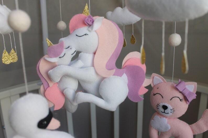 Baby girl Crib music Mobile pink lilac felt unicorn mother/'s love cat bear on moon swan newborn babyshower gift unicorn nursery room decor