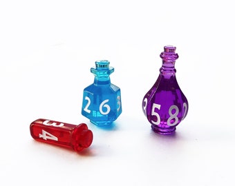 Zestaw kości Potion Bottle Dice – k6, k4, k8 do DND i gier RPG | Kostki Fantasy Vial Dice – prezent dla graczy Dungeon & Dragons