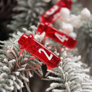 A close-up photo of red translucent vial-shaped D4 dice nestled among frosted, snow-dusted evergreen branches. The nearest vial shows a bold white number 2, with two more vials showing 3 and 4 blurred in the background. A dark pinecone and white berries are also visible in the softly blurred background, giving a festive winter holiday feel.