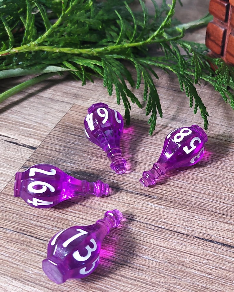 May include: Four translucent purple potion bottle-shaped dice with white numbers printed on the surface. Each die features a unique set of numbers, including 264, 19, 58, and 135, designed for tabletop gaming and role-playing activities.