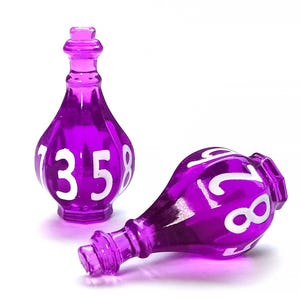 May include: Two translucent purple potion bottle-shaped dice. One die stands upright, displaying the white numbers 3 and 5. The other die lies on its side, showing the white numbers 1, 2, and 8. The dice have a smooth, glossy finish.