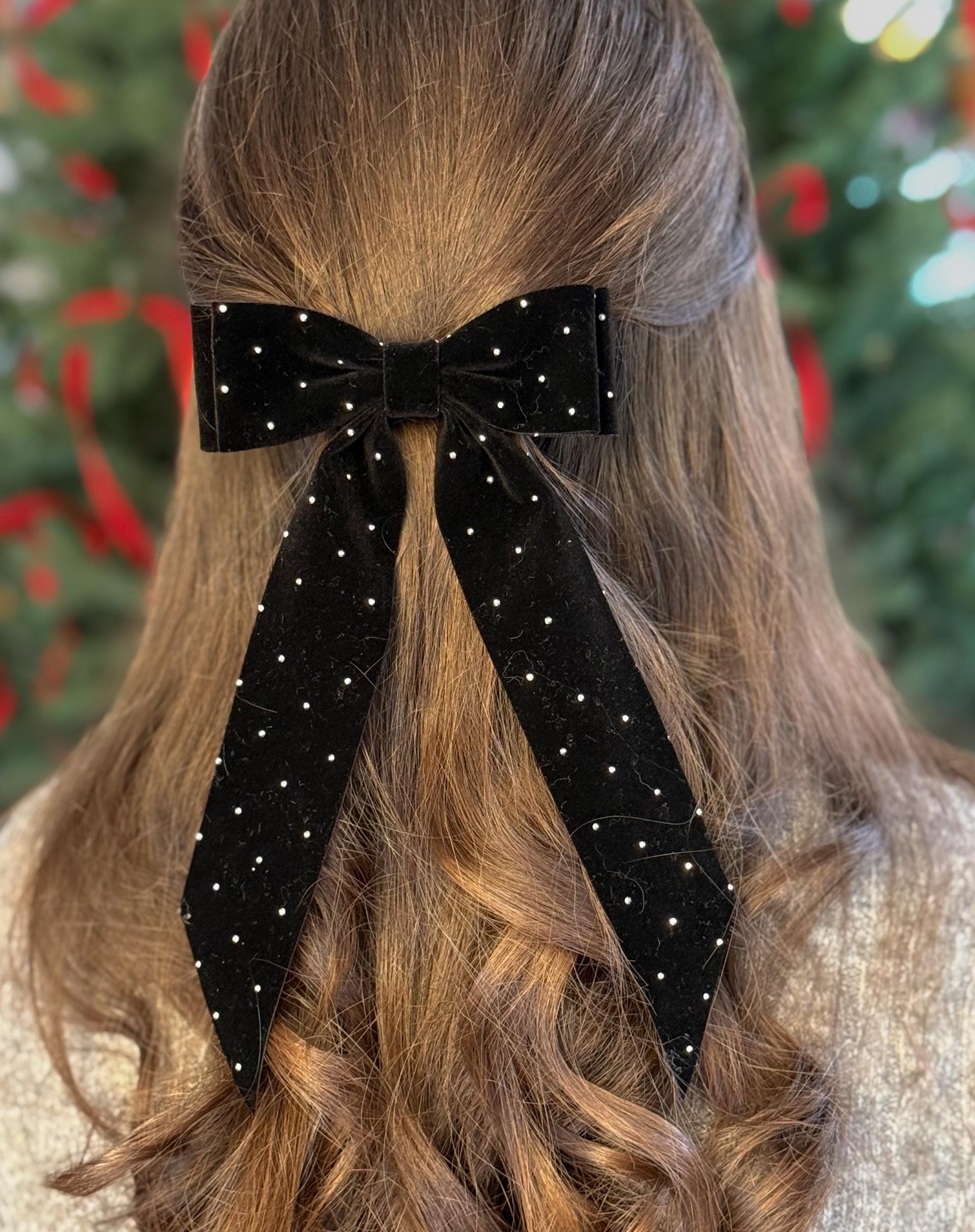 Black velvet hair bow with rhinestone grapes on front Pearl Rhinestone Velvet Hair Bow: Triple Wing Barrette - Etsy main image 4