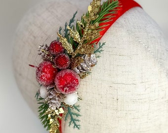 Christmas Floral Headband, Festive Red Holiday Headpiece