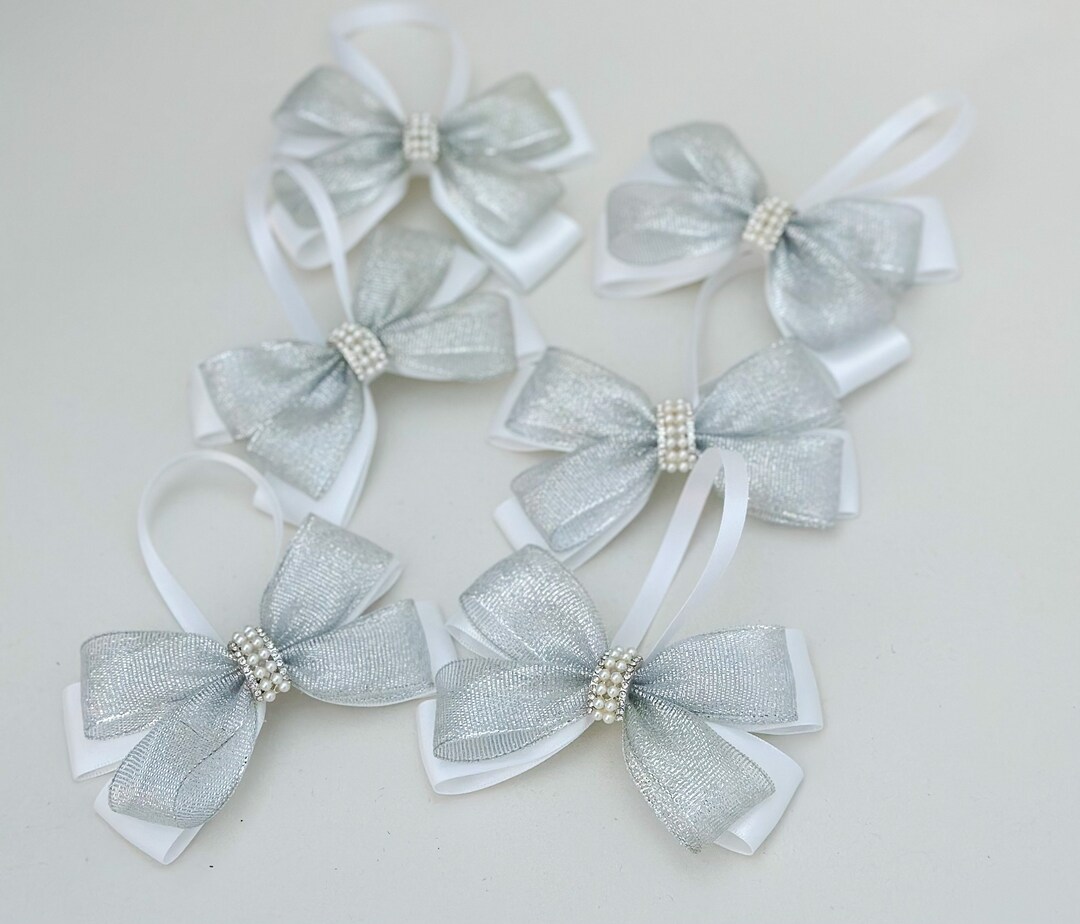 Christmas Tree Bows, Christmas Tree Ornaments, White Silver Bows for