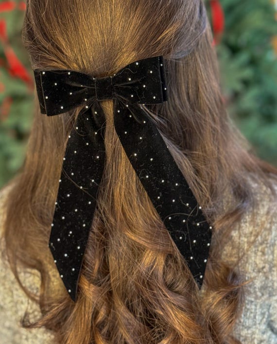 Black Velvet Rhinestone Bow Hair Barrette | NWT Vintage Large Black Velvet Rhinestone Bow Hair Barrette Made  main image 3