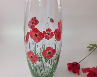 Hand Painted Large Barrel Vase Red Poppy Design