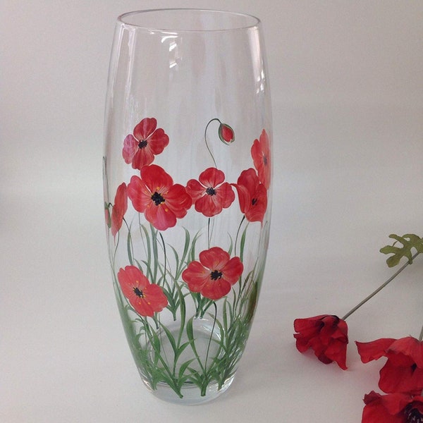 Hand Painted Large Barrel Vase Red Poppy Design