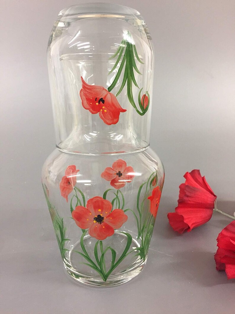 Hand Painted Carafe Set Red Poppy Design image 1