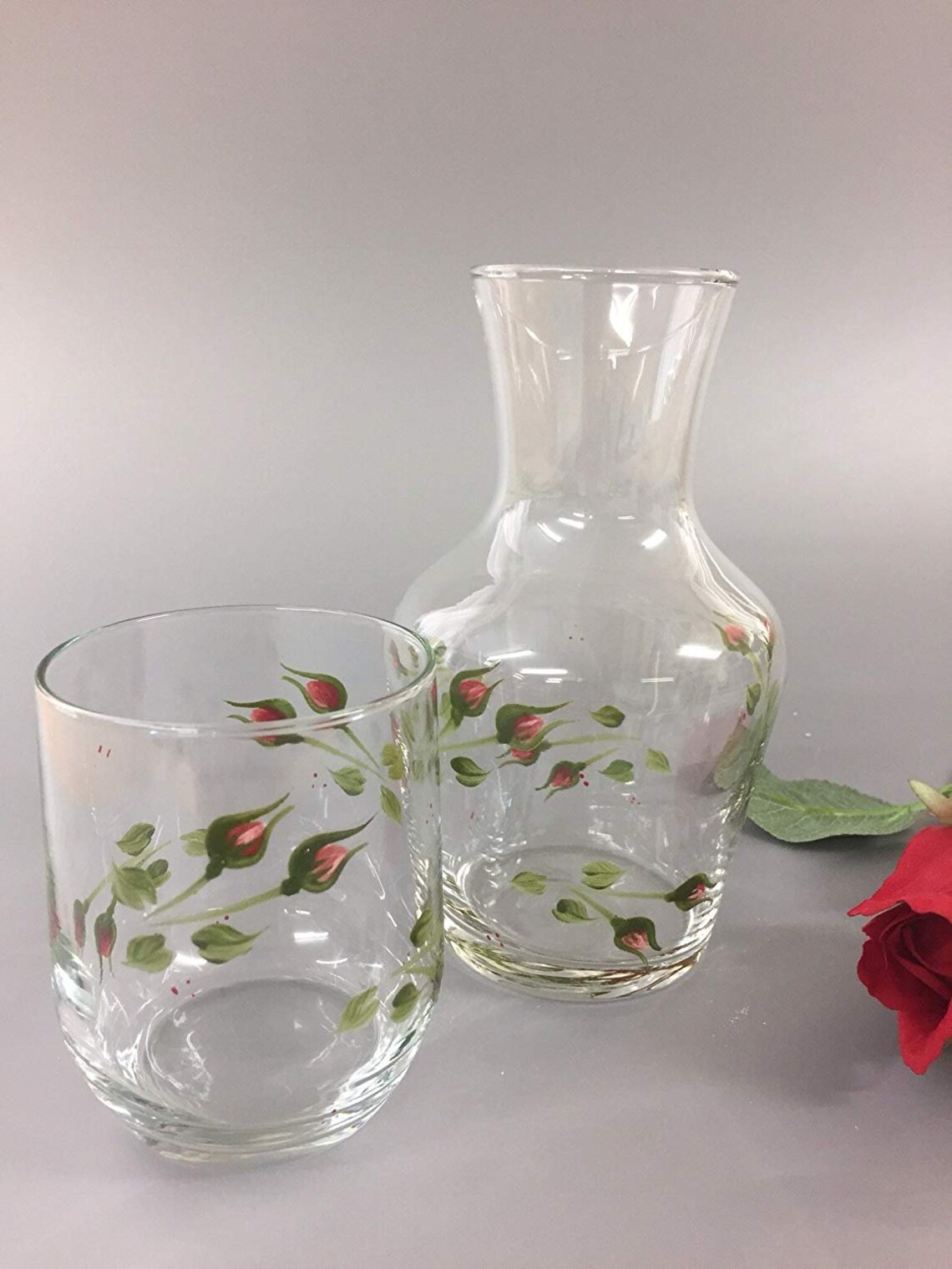Hand Painted Carafe Set Rosebud Design - Etsy