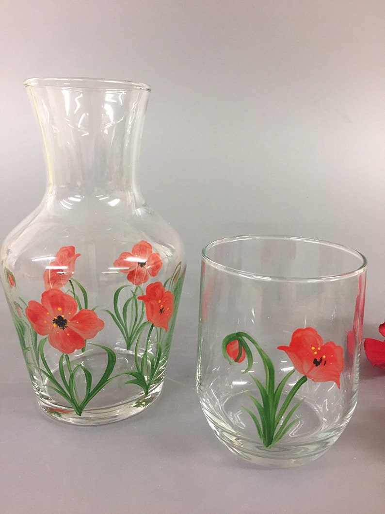 Hand Painted Carafe Set Red Poppy Design image 2