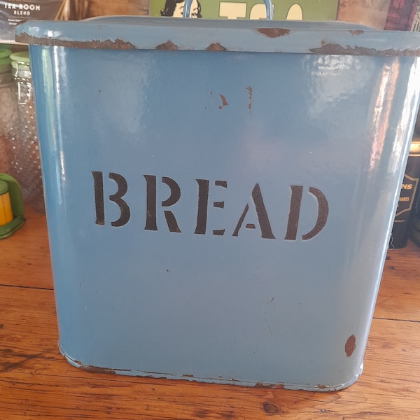 Vintage blue enamel bread bin tin