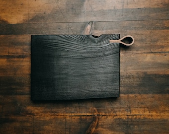 Aesthetic Yakisugi Burned  Wood Cutting Board Hand Made Craft Dining Home and Living Leather Oak Nature Forest Wood Food Served Japanese