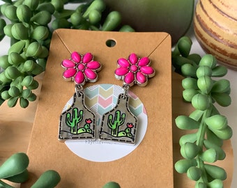 Silver Cow Tag and Squash Blossom Earrings, Western Earrings, Cowgirl Earrings, Cactus Earrings, Stagecoaching Jewelry