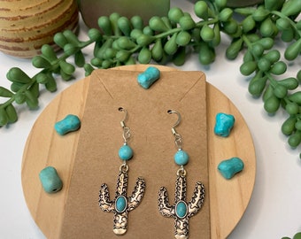 Silver and Turquoise Cactus Earrings, Southwest Earrings, Western Earrings, Cactus Earrings, Western Chic Earrings