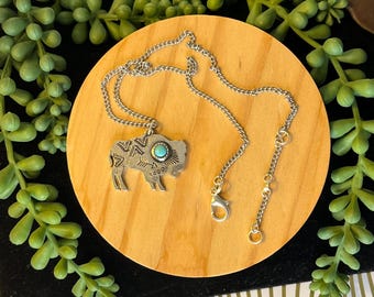 Etched Silver and Turquoise Bison Pendant Necklace, Southwest Necklace, Western Necklace, Yellowstone Necklace, Coastal Cowgirl Necklace