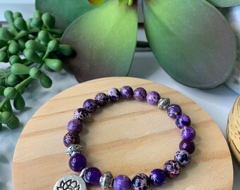Purple Jasper Beaded Lotus Bracelet, Purple Bracelet, Jasper Bracelet, Lotus Bracelet, Healing Bracelet