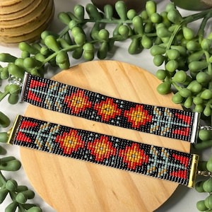 Beaded Loom Woven Bracelet, Primitive Flower Design Bracelet, Floral Design Bracelet, Handmade Bracelet, Gifts for Her