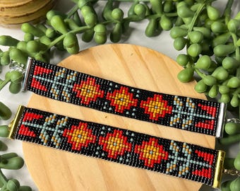 Beaded Loom Woven Bracelet, Primitive Flower Design Bracelet, Floral Design Bracelet, Handmade Bracelet, Gifts for Her