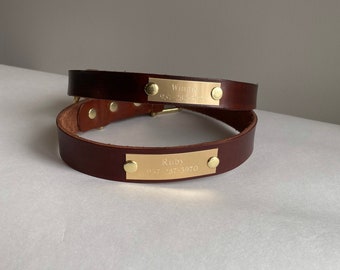 Leather Dog Collar with personalized, fixed Dog Tag (no jingle/no noise!)