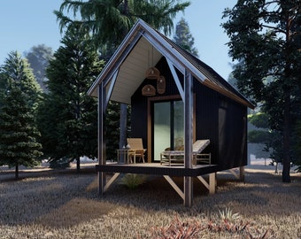 Architectural Plan Set for a Custom Designed 12 x 16 Galvanized Steel Gable Roof Glamping Cabin on Piers