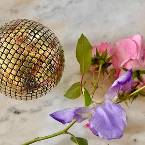 Incredible Gold and Copper Boule Lyonnaise / "L.G" Initials / Authentic 1800s Nailed Petanque Ball / Bocce / Hand-Made in France Lyon / Rare