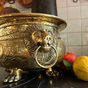Rare Lions&#39; Heads Ornamental Brass Bowl / 18th Century French Antique Planter / Coupe d’Ornement Louis XIV / &quot;Jardinière&quot; or &quot;Cache Pot&quot;
