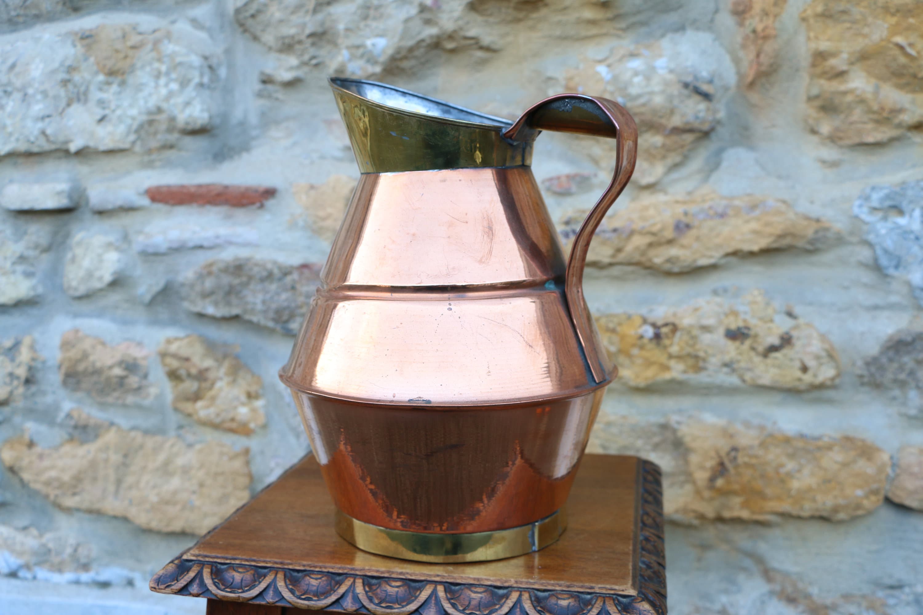 Français Copper & Brass Wine Pitcher/Rustic Antique Water Jug Napoleon Iii Broc à Eau et Vin Françai