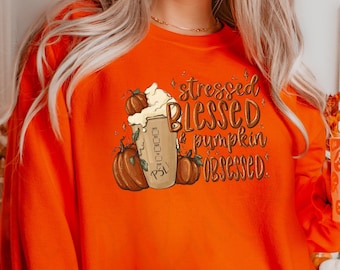 Iced Coffee Shirt - Stressed Blessed and Pumpkin Obsessed - Funny Mom Shirt - Mom Coffee Tee - Coffee Addict Tee - Pumpkin Spice Shirt