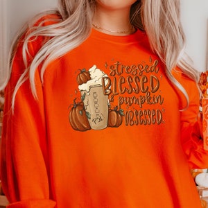 May include: An orange sweatshirt with the text "stressed, blessed, & pumpkin obsessed" and a graphic of a pumpkin spice latte and pumpkins. A white mug with orange pumpkin faces is held in the hand.