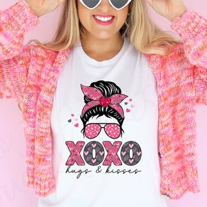 XOXO Hugs and Kisses Shirt - Messy Bun Sweatshirt - Mom Valentines Tee - I Love You Shirt - Be Mine Shirt - Trendy Valentines Shirt